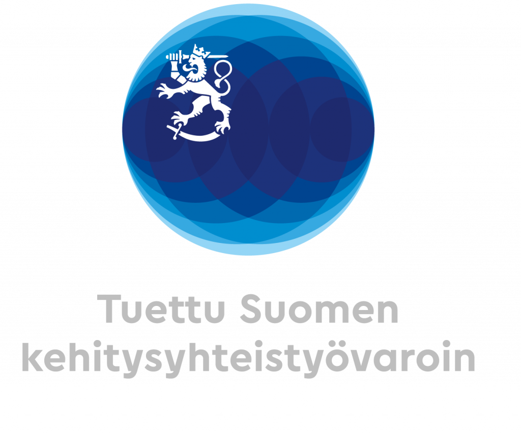 Ulkoministeriön logo, jonka alla teksti "Tuettu Suomen kehitysyhteistyövaroin"